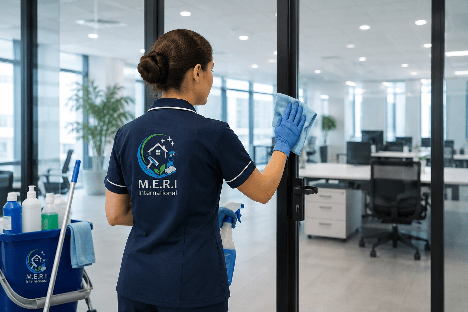 Agent M.E.R.I INTERNATIONAL nettoyant une cloison vitrée dans un bureau
